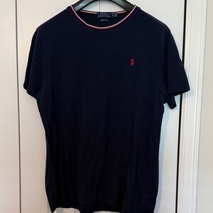 Vintage Polo by Ralph Lauren Men's Dark Blue Tee with Red& white collar Accent